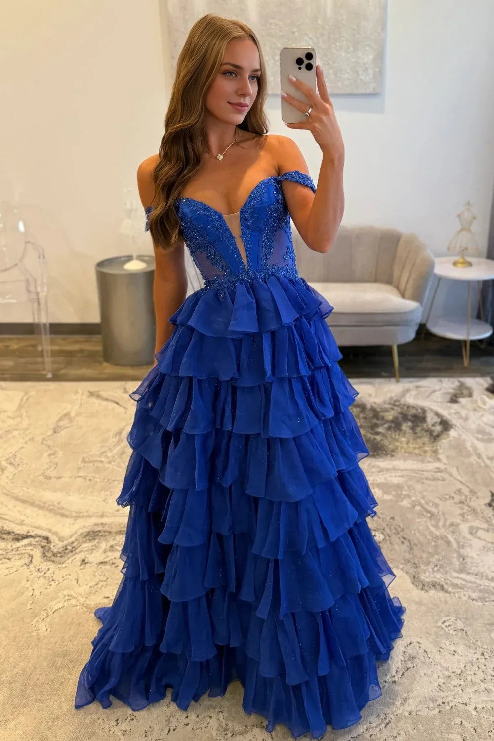 A Line Off Shoulder Sleeveless Zipper Up Floor-Length Prom Dress
