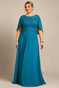 A Line Scoop Neck Cape Sleeve Backless Floor-Length Plus Size Mother of the Bride Dress