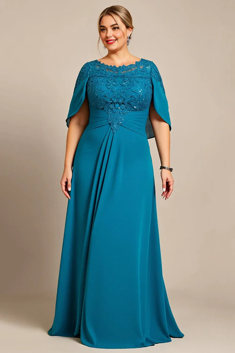 A Line Scoop Neck Cape Sleeve Backless Floor-Length Plus Size Mother of the Bride Dress