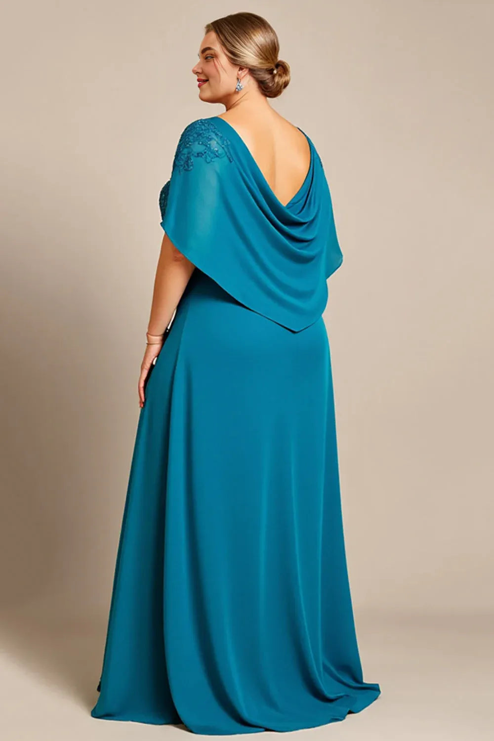 A Line Scoop Neck Cape Sleeve Backless Floor-Length Plus Size Mother of the Bride Dress