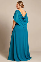 A Line Scoop Neck Cape Sleeve Backless Floor-Length Plus Size Mother of the Bride Dress