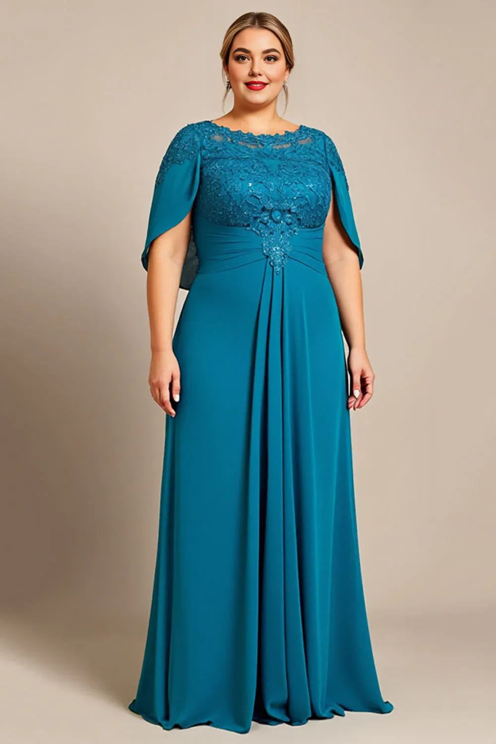 A Line Scoop Neck Cape Sleeve Backless Floor-Length Plus Size Mother of the Bride Dress