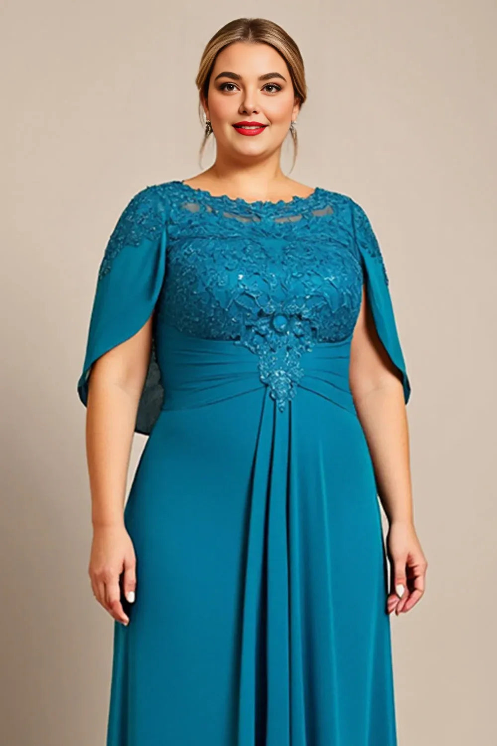 A Line Scoop Neck Cape Sleeve Backless Floor-Length Plus Size Mother of the Bride Dress