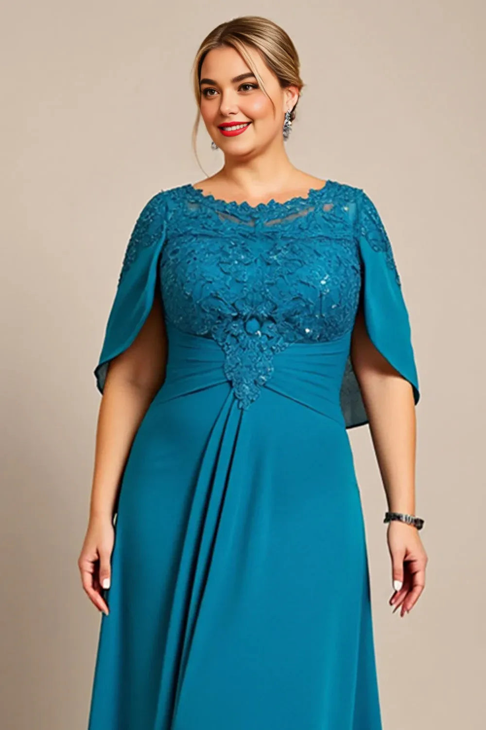 A Line Scoop Neck Cape Sleeve Backless Floor-Length Plus Size Mother of the Bride Dress