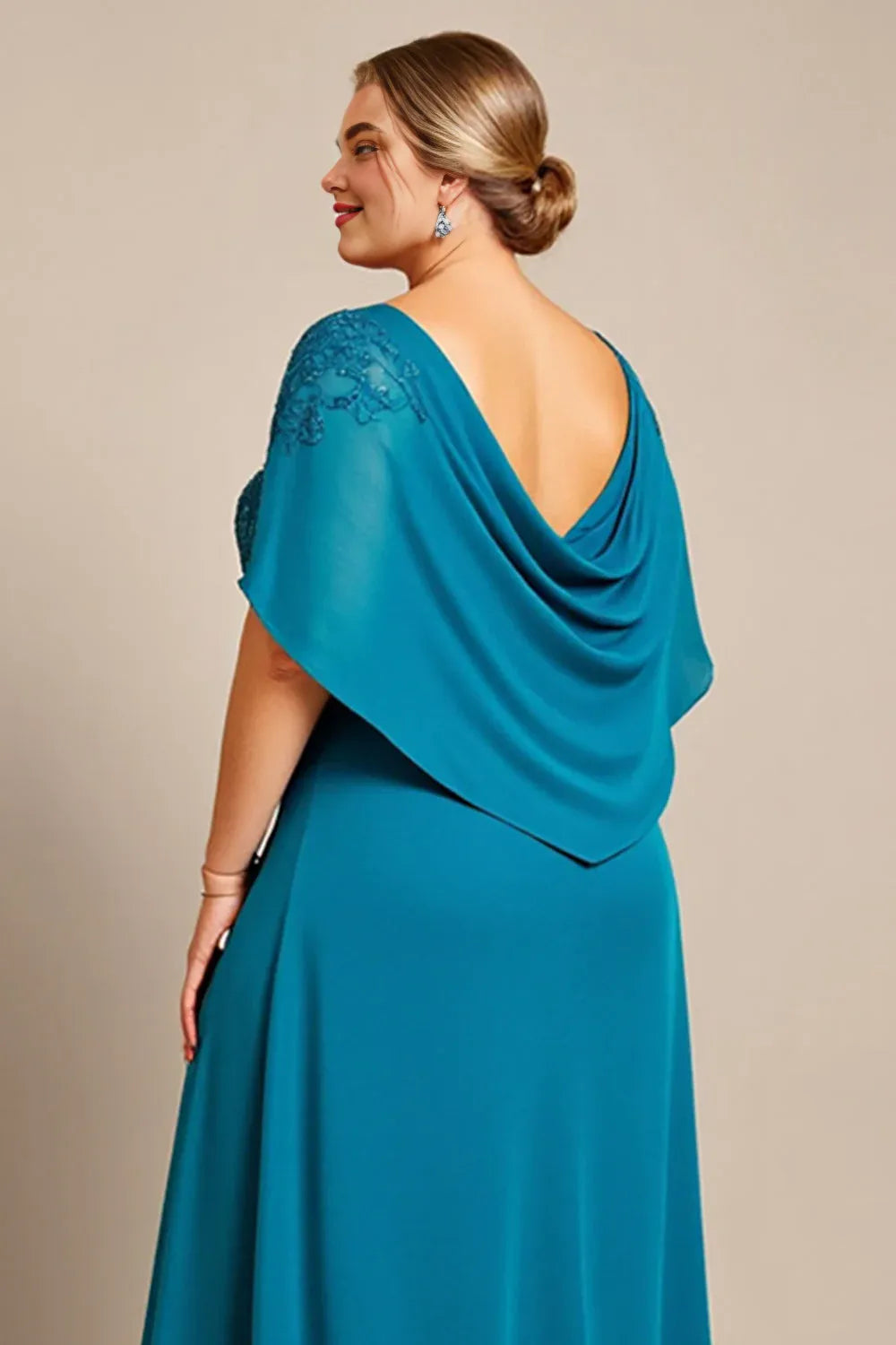 A Line Scoop Neck Cape Sleeve Backless Floor-Length Plus Size Mother of the Bride Dress