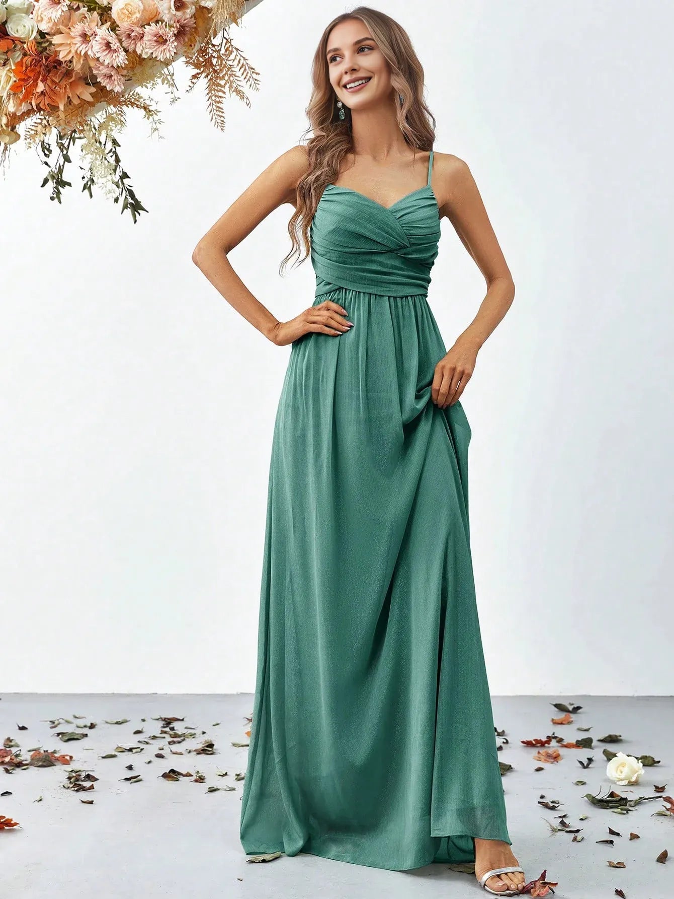 A Line Spaghetti Strap Sleeveless Backless Floor-Length Prom Dress