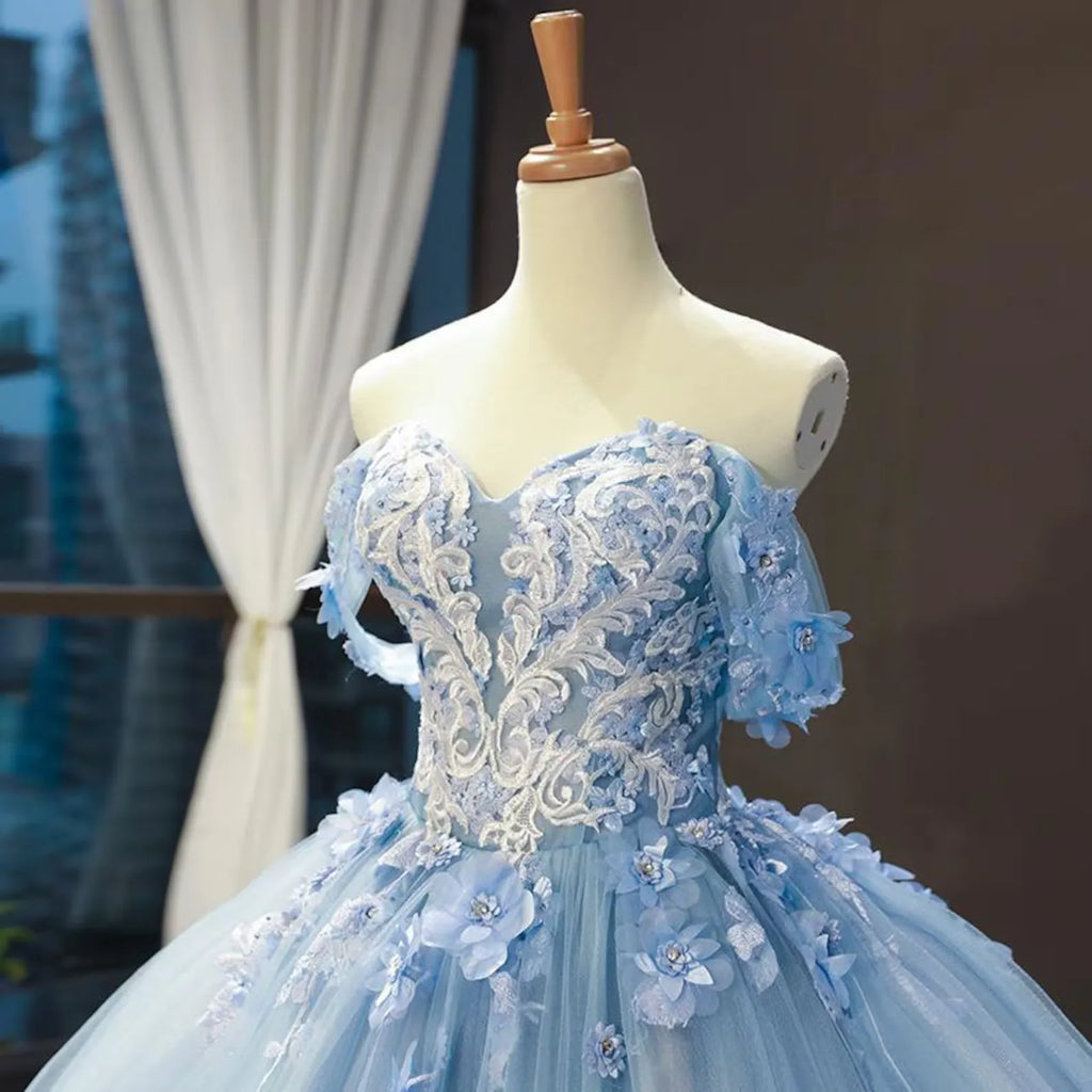 Prom Dress Ball Gown Off The Shoulder With Floral Appliques And Tulle Train For An Unforgettable Night