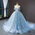 Prom Dress Ball Gown Off The Shoulder With Floral Appliques And Tulle Train For An Unforgettable Night