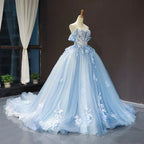 Prom Dress Ball Gown Off The Shoulder With Floral Appliques And Tulle Train For An Unforgettable Night
