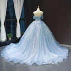 Prom Dress Ball Gown Off The Shoulder With Floral Appliques And Tulle Train For An Unforgettable Night