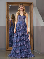 Corset Sleeveless Ball Gown Sequins Long Prom Dress