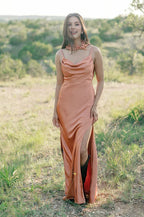 Fitted A-line Cowl Neck Sleeveless Backless Floor-Length Prom Dress
