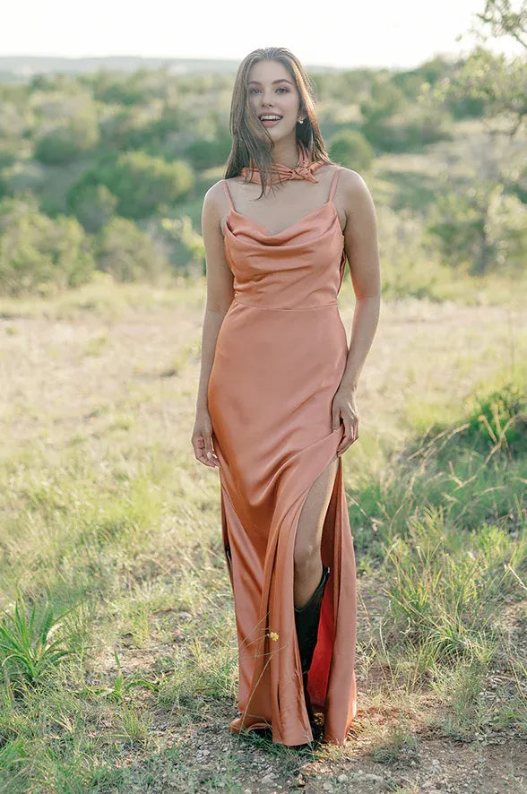 Fitted A-line Cowl Neck Sleeveless Backless Floor-Length Prom Dress
