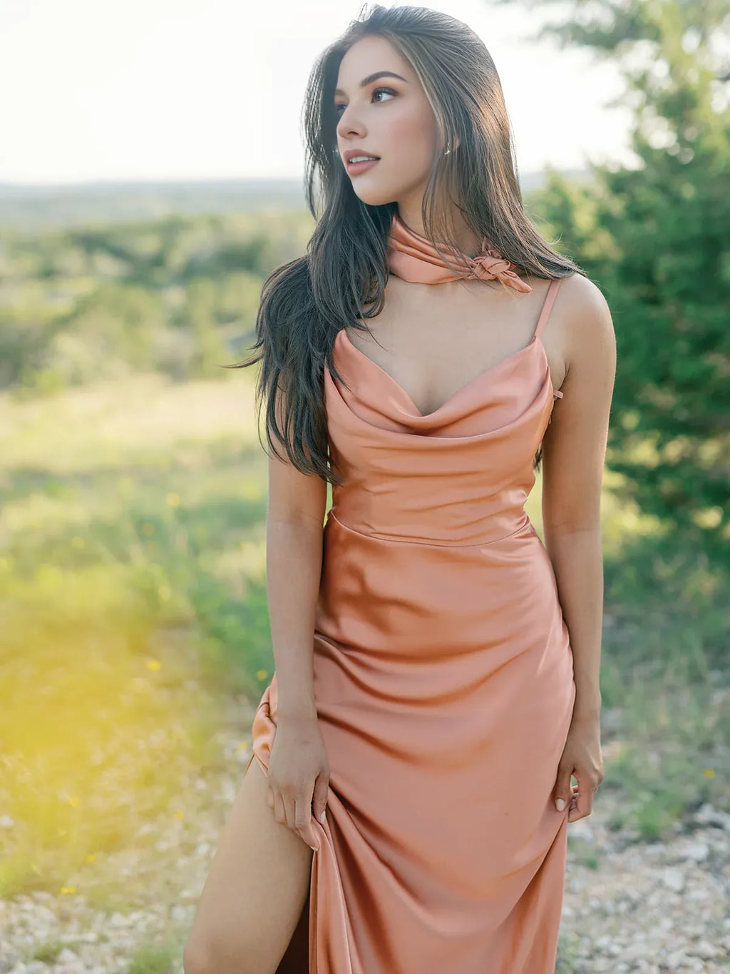 Fitted A-line Cowl Neck Sleeveless Backless Floor-Length Prom Dress