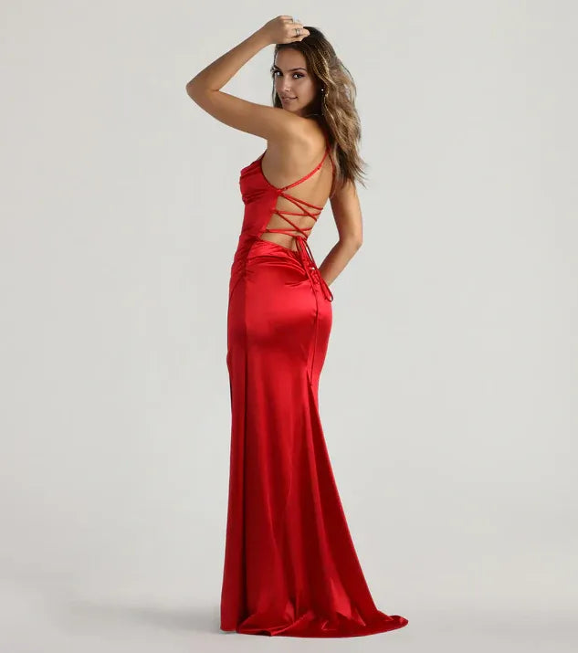 Fitted Cowl Neck Sleeveless Lace-Up Sweep/Brush Train Prom Dress