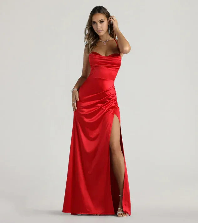 Fitted Cowl Neck Sleeveless Lace-Up Sweep/Brush Train Prom Dress