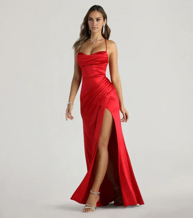 Fitted Cowl Neck Sleeveless Lace-Up Sweep/Brush Train Prom Dress