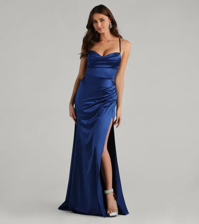 Fitted Cowl Neck Sleeveless Lace-Up Sweep/Brush Train Prom Dress