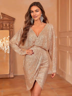 Fitted V Neck Dolman Sleeves V Back Short-Mini Prom Dress