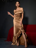 Mermaid Off Shoulder Cap Sleeve Zipper Up Floor-Length Prom Dress