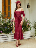 Mermaid Off The Shoulder Half Sleeve Backless Ankle-Length Evening Dress