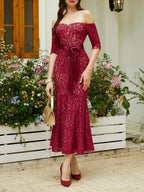 Mermaid Off The Shoulder Half Sleeve Backless Ankle-Length Evening Dress