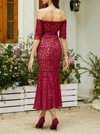 Mermaid Off The Shoulder Half Sleeve Backless Ankle-Length Evening Dress