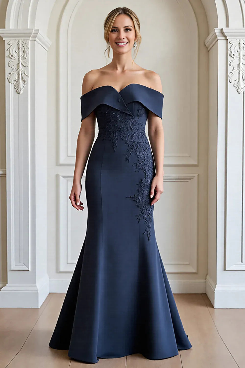 Mermaid Off the Shoulder Dropped Shoulder Sleeves Zipper Up Floor-Length Mother of the Bride Dress