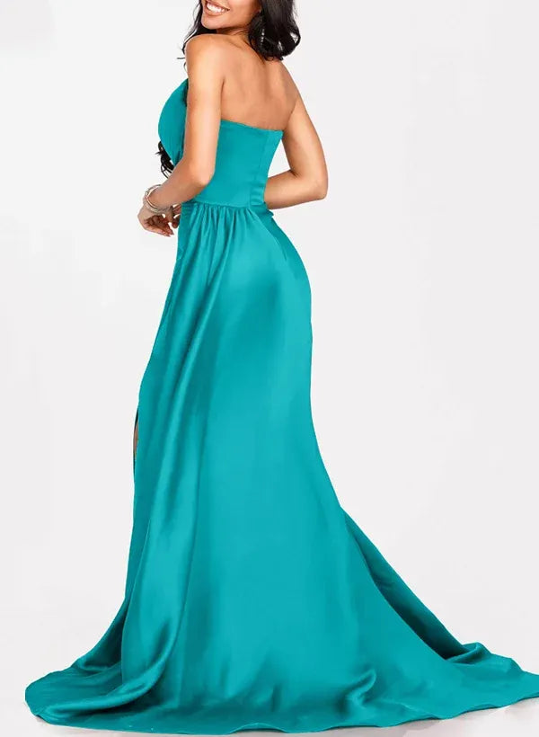 Mermaid Prom Dress Teal Beaded Strapless With Pleated Bodice Floor Length High Slit For Prom Goers