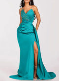 Mermaid Prom Dress Teal Beaded Strapless With Pleated Bodice Floor Length High Slit For Prom Goers