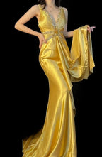 Mermaid Prom Dress With Beaded Sequins Satin Gold Floor Length Showstopping Regal Gown