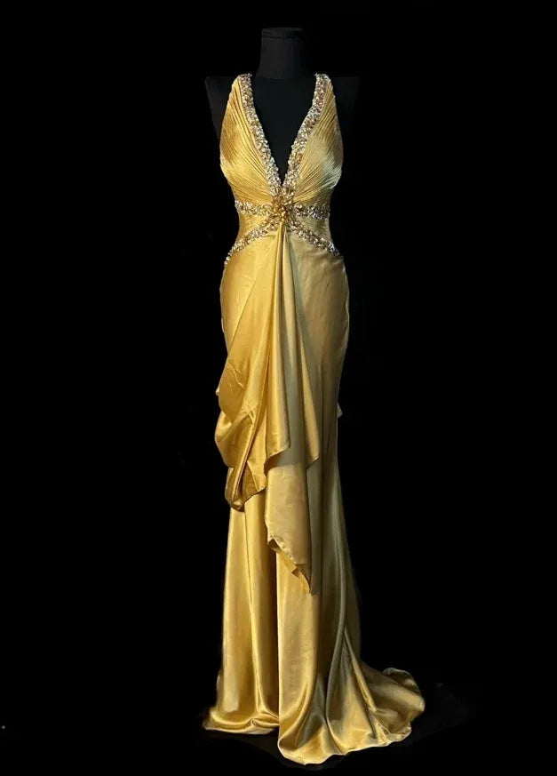 Mermaid Prom Dress With Beaded Sequins Satin Gold Floor Length Showstopping Regal Gown