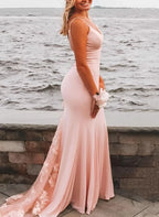 Mermaid Prom Dress With Lace Applique Light Blue V Neck Open Back Sweep Train For Prom Queens Glamorous