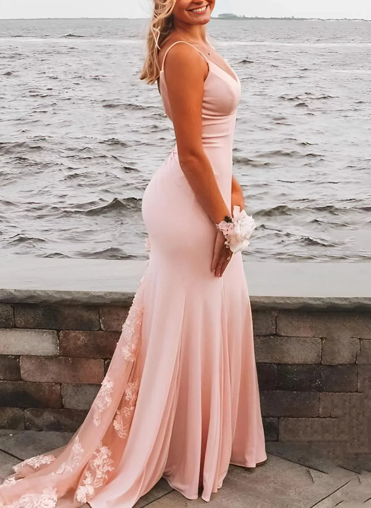 Mermaid Prom Dress With Lace Applique Light Blue V Neck Open Back Sweep Train For Prom Queens Glamorous