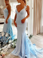 Mermaid Prom Dress With Lace Applique Light Blue V Neck Open Back Sweep Train For Prom Queens Glamorous