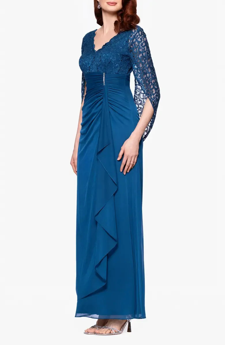 Mermaid V Neck Capelet Sleeve V Back Floor-Length Mother of the Bride Dress