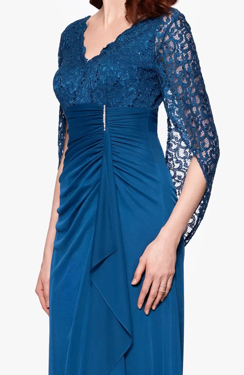 Mermaid V Neck Capelet Sleeve V Back Floor-Length Mother of the Bride Dress