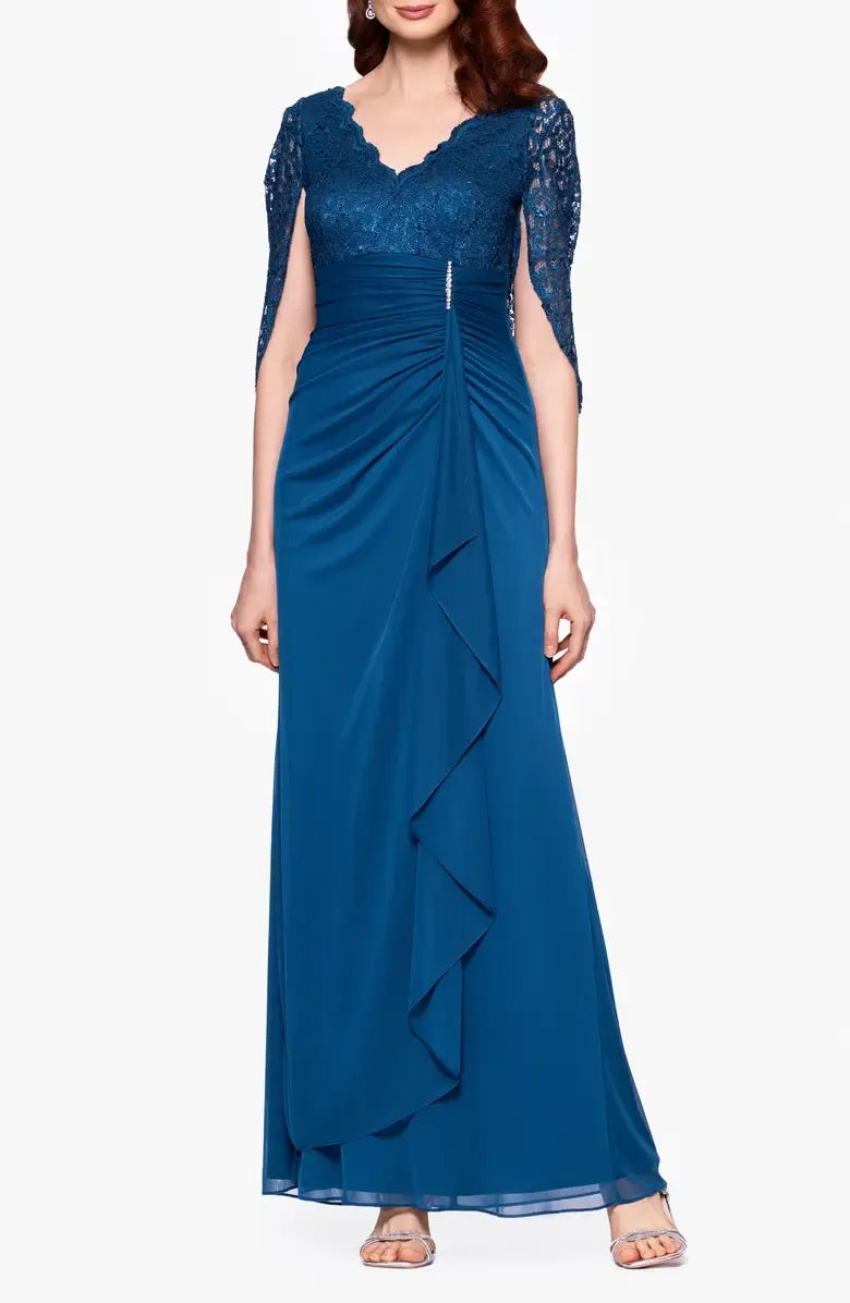 Mermaid V Neck Capelet Sleeve V Back Floor-Length Mother of the Bride Dress