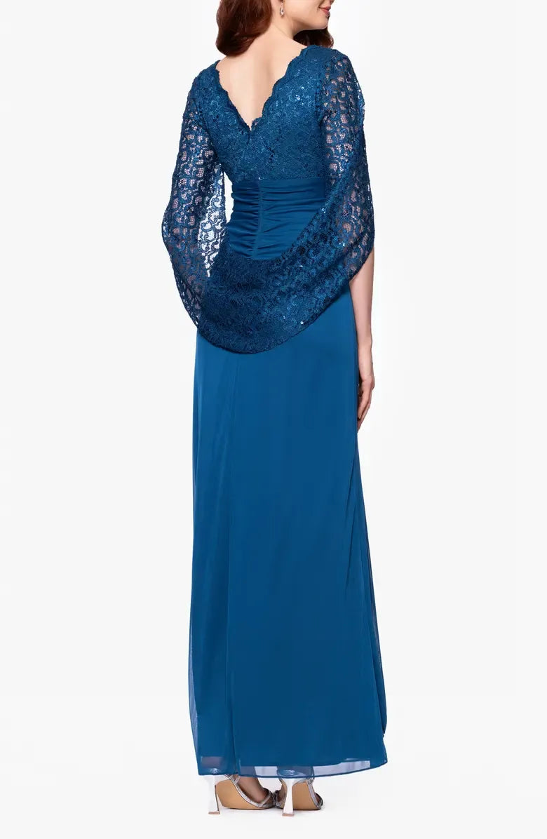 Mermaid V Neck Capelet Sleeve V Back Floor-Length Mother of the Bride Dress