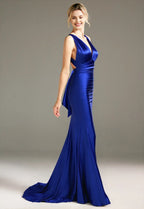 Mermaid V Neck Sleeveless Backless Floor Length Prom Dress