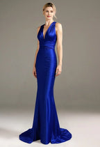 Mermaid V Neck Sleeveless Backless Floor Length Prom Dress