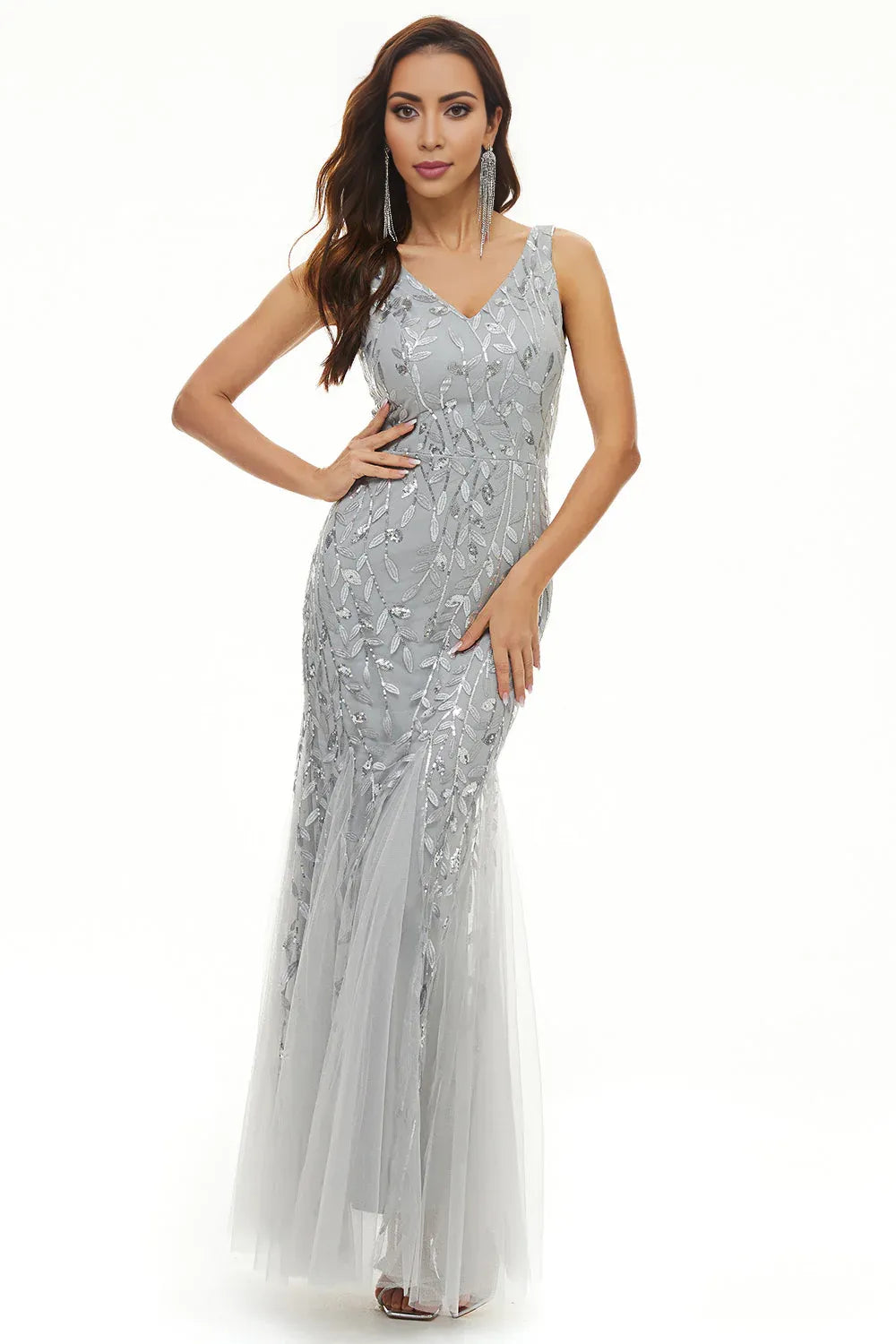 Mermaid V Neck Sleeveless Zipper Up Floor-Length Mother of the Bride Dress