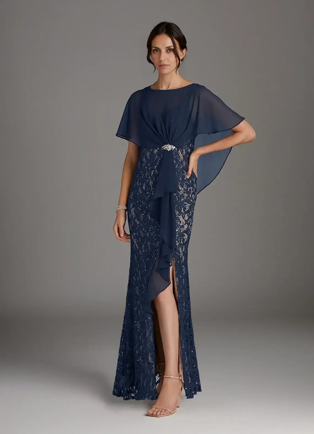 Sheath Boat-Neck Flutter Sleeve Back Zip Floor-Length Mother of the Bride Dress