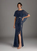 Sheath Boat-Neck Flutter Sleeve Back Zip Floor-Length Mother of the Bride Dress