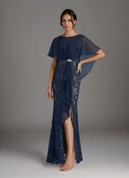 Sheath Boat-Neck Flutter Sleeve Back Zip Floor-Length Mother of the Bride Dress