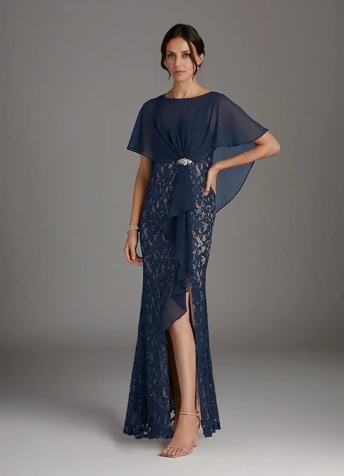 Sheath Boat-Neck Flutter Sleeve Back Zip Floor-Length Mother of the Bride Dress