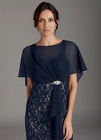 Sheath Boat-Neck Flutter Sleeve Back Zip Floor-Length Mother of the Bride Dress