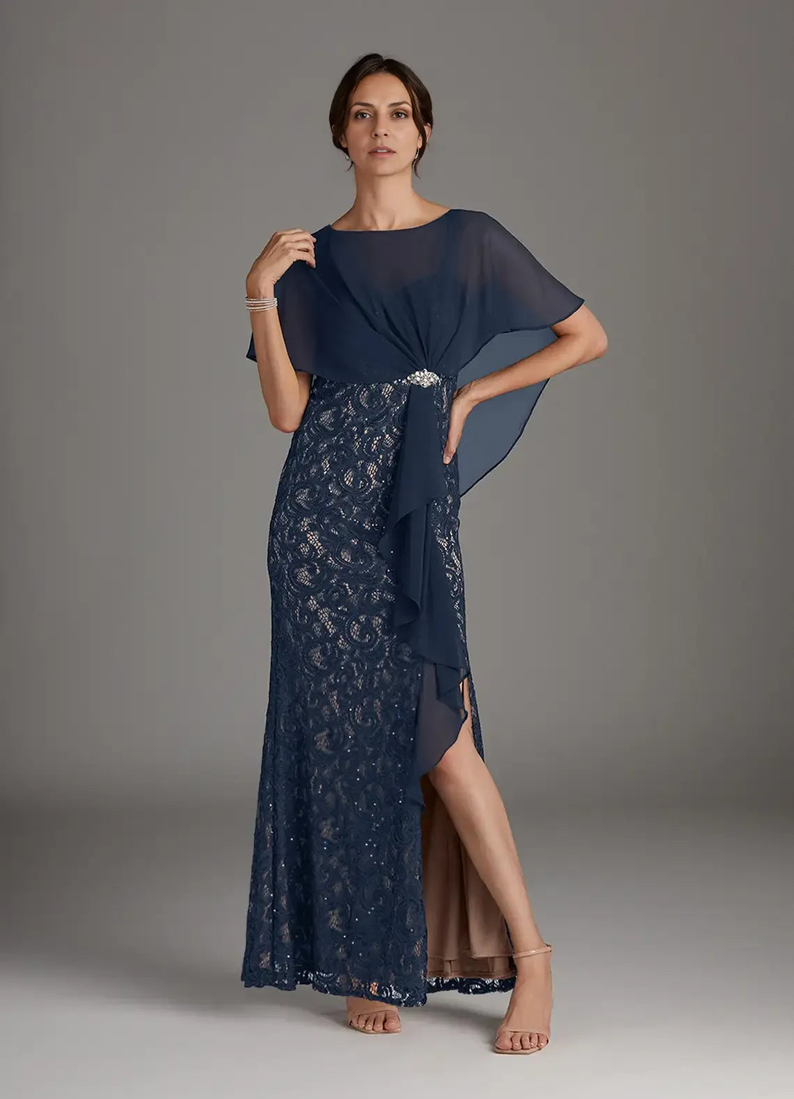 Sheath Boat-Neck Flutter Sleeve Back Zip Floor-Length Mother of the Bride Dress