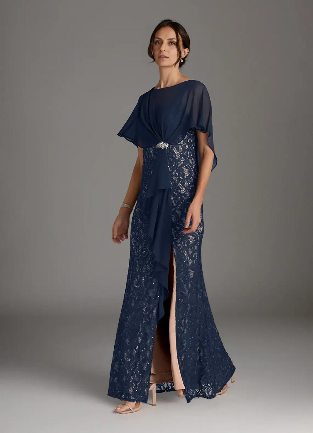 Sheath Boat-Neck Flutter Sleeve Back Zip Floor-Length Mother of the Bride Dress