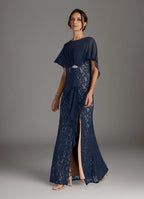 Sheath Boat-Neck Flutter Sleeve Back Zip Floor-Length Mother of the Bride Dress